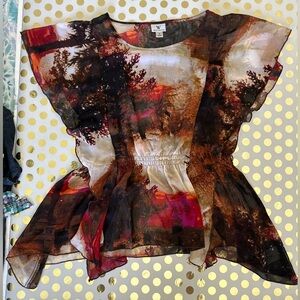 Worthington Red Brown Asymmetrical Peplum Blouse